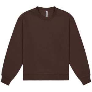 A brown crew sweatshirt with long sleeves and a round neckline, featuring a simple design and a logo.