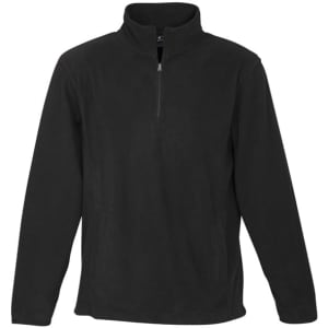 A black polar fleece jacket with a quarter zip and long sleeves. It features a logo on the front.