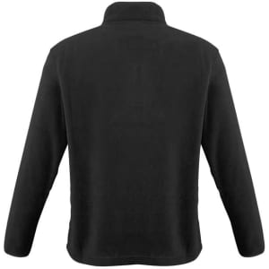 A black polar fleece jacket featuring a collar and long sleeves, with a simple design and branding on the back.