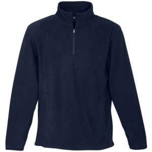 A navy men's polar fleece jacket with a half zip and a collar. The jacket has a subtle logo on it.