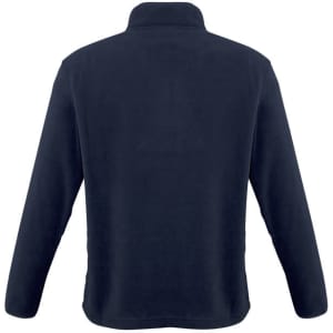 A navy polar fleece jacket with a high collar and long sleeves, featuring a logo.