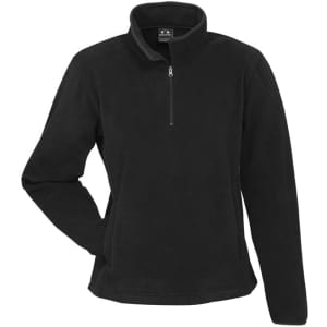 A black polar fleece jacket with a half-zip collar and long sleeves, featuring a logo.