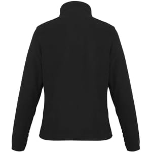 A black polar fleece women's jacket featuring a high collar and long sleeves, with a logo on the back.