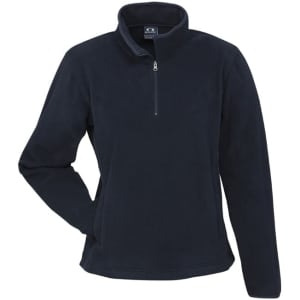 A navy polar fleece jacket with a quarter zip and a collar. It features a logo on the chest.