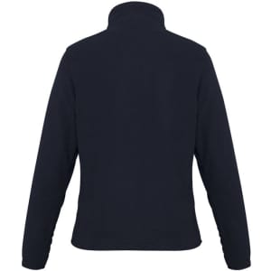 A dark navy women's fleece jacket featuring a high collar, showing the back view and smooth fabric texture.