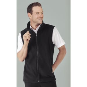 A black micro fleece vest for men with a zip-up front and high collar. Features a branding logo.
