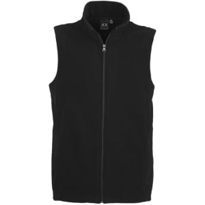 A black micro fleece vest with a zip front and a high collar, featuring one logo on the upper area.