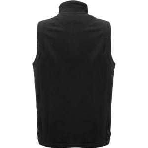 A black micro fleece vest with a high collar and no sleeves, featuring a logo.