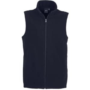 A plain navy micro fleece vest with a zip front and no sleeves, featuring a logo on the collar.