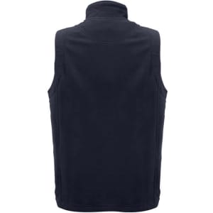 A plain black micro fleece vest with a high collar and no sleeves, featuring a logo on the back.