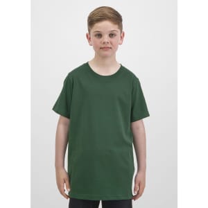 A green short sleeve tee for kids displayed on a young boy, featuring a simple design and a logo.