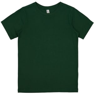 A green short sleeve T-shirt featuring a tag and no visible logos.