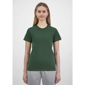 A women's short sleeve tee in green, featuring a simple design and a logo on the front.