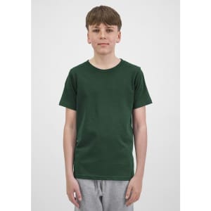 A youth short sleeve tee in dark green, displayed on a model wearing grey shorts. The shirt has a simple design and branding.