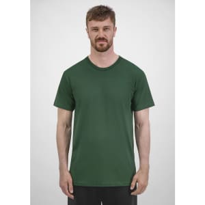 A short sleeve tee in dark green, featuring a classic crew neck design and a brand logo.