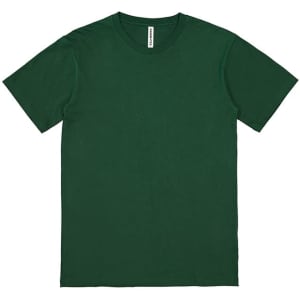 A green short sleeve t-shirt featuring a crew neck design and a logo on the label.