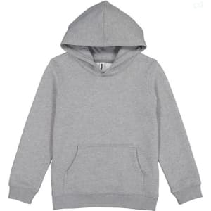 A grey hoodie with a front pocket and an attached hood, featuring a logo.