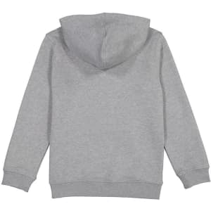 A grey Kids Basis Hoodie featuring a spacious hood and long sleeves, with ribbed cuffs and hem.