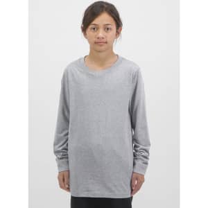 A long sleeve tee in grey, featuring a relaxed fit and simple design, with a logo on the sleeve.