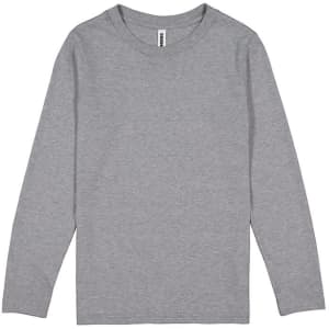 A long-sleeve tee in grey, featuring a simple design and a logo on the label.