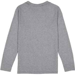 A grey long sleeve tee for kids with a simple back design and a small logo.