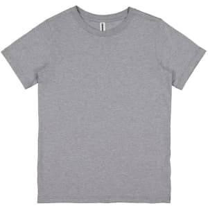 A grey short sleeve t-shirt with a simple design and a logo on the label.