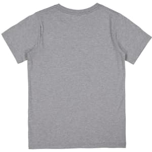 A short sleeve tee in grey with a plain back and a logo on the neck area.