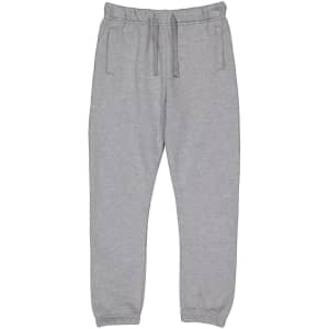 A pair of grey track pants with an elastic waistband and pockets, featuring a logo.