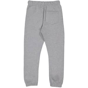 A pair of grey track pants featuring an elastic waistband and a back pocket. It has a logo on the fabric.