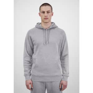 A grey men's hoodie featuring a front pocket and a drawstring hood, with a branding logo.