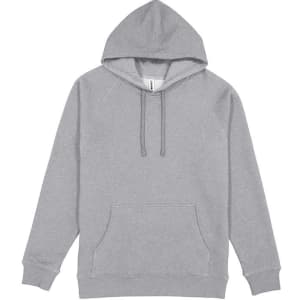 A grey men's hoodie featuring a front pocket and a drawstring hood. It has a logo on the side.