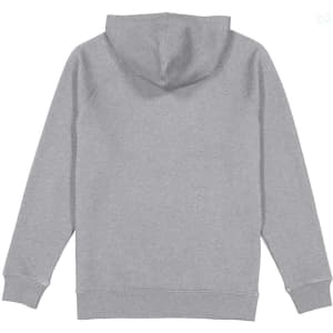 A grey hoodie with a hood and long sleeves, featuring a plain back and fitted cuffs.