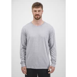 A grey long sleeve tee for men, featuring a round neckline and fitted silhouette, with a logo on it.