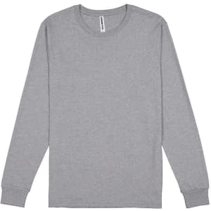 A grey long sleeve t-shirt with a crew neckline and a tag inside, featuring a brand logo.