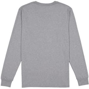 A grey long sleeve t-shirt with a simple design and a logo on the back.