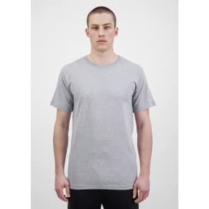 A grey short sleeve men's t-shirt with a crew neck and a simple design, featuring a logo.