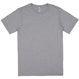 A grey short sleeve men's t-shirt with a simple design and a label at the neckline.