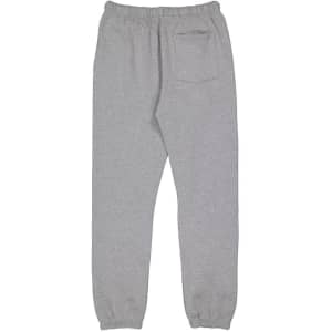 A pair of grey track pants featuring an elastic waistband and a back pocket. The design includes a logo.