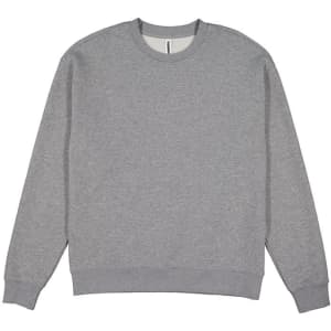 A grey crew sweatshirt with ribbed cuffs and a hem, featuring a simple design and a logo.