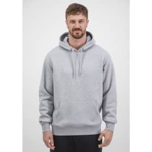 A grey men's hoodie with a front pocket and a drawstring hood, featuring a logo on the chest.