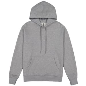 A grey men's hoodie with a drawstring hood and a front pocket. It features a branding logo on the label.