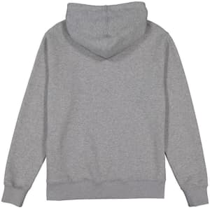 A grey men's hoodie featuring a kangaroo pocket and a hood, with a logo on the back.