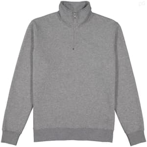 A grey 1/4 zip jumper with long sleeves and a high collar, featuring a logo on the chest.