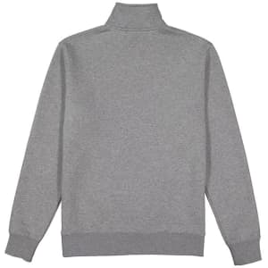 A grey 1/4 zip jumper with a high collar and ribbed cuffs, featuring a logo.