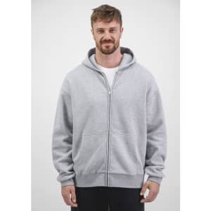 A grey zip-up hoodie with a front pocket and a hood, worn by a male model.