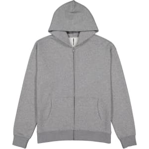 A grey zip hoodie featuring a front pocket and a hood, with a logo on the label.