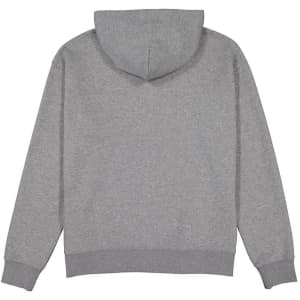 A grey zip-up hoodie with a hood and ribbed cuffs. The back view displays a simple, clean design and features a logo.