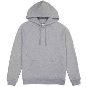 A grey women's hoodie with a front pocket and a drawstring hood, featuring a logo.
