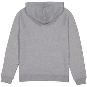 A grey women's hoodie with a hood, featuring raglan sleeves and a simple design on the back.