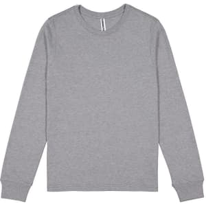 A grey long sleeve tee for women, features a round neck and has a logo on the label.